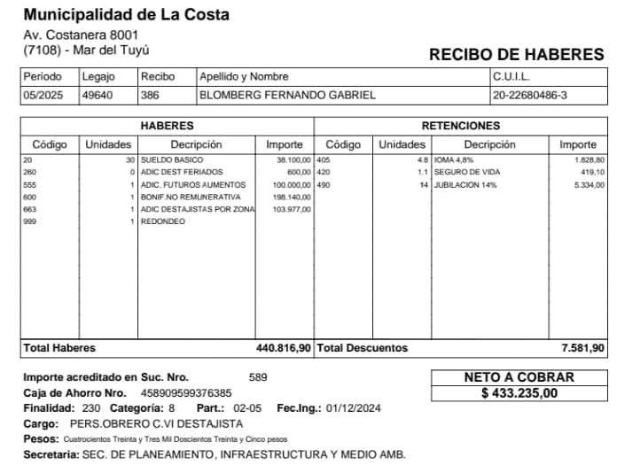 Recibo de sueldo barrendero en la costa